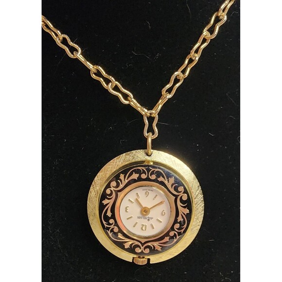 VINTAGE Lady Nelson Pendant WATCH GoldTone Black Necklace Chain Manual Wind VGUC - Picture 5 of 8